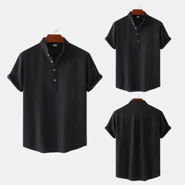 Men's Linen&cotton Casual Loose Stand Collar Short Sleeve Plain Shirt Half Button Summer Beach Solid Color Pullover Shirt