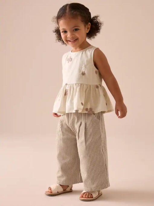 Ecru Cream Embroidered Blouse and Trousers Co-ord Set