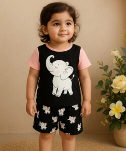 Printed Shirt & Short Set Elephant Black & Pink - Sunshine